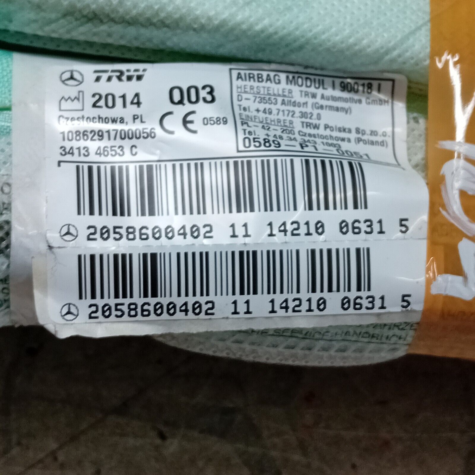 MERCEDES C-CLASS W205  SALOON 16/23 LEFT N/S CURTAIN AIRBAG A2058600402 FM104