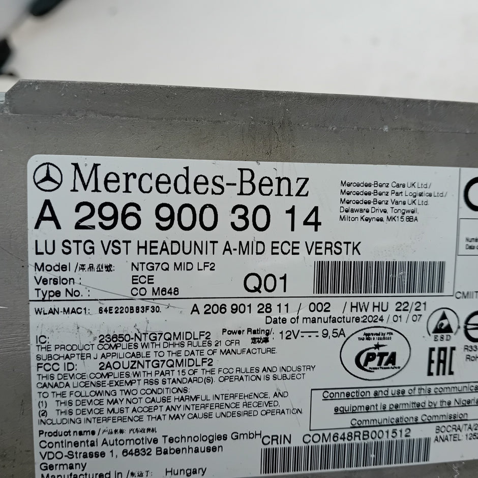 MERCEDES BENZ C CLASS W206 HEAD UNIT A MID ECE VERSTK A2969003014 FM001204