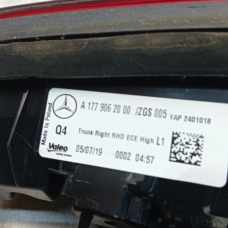 MERCEDES A-CLASS W177 DRIVER RIGHT OS REAR INNER TAIL LIGHT A1779062000 FMT231