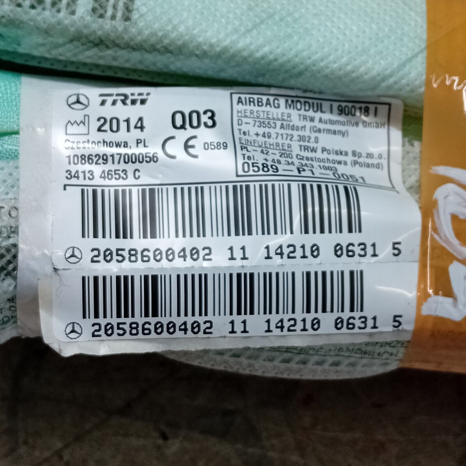 MERCEDES C-CLASS W205  SALOON 16/23 LEFT N/S CURTAIN AIRBAG A2058600402 FM104