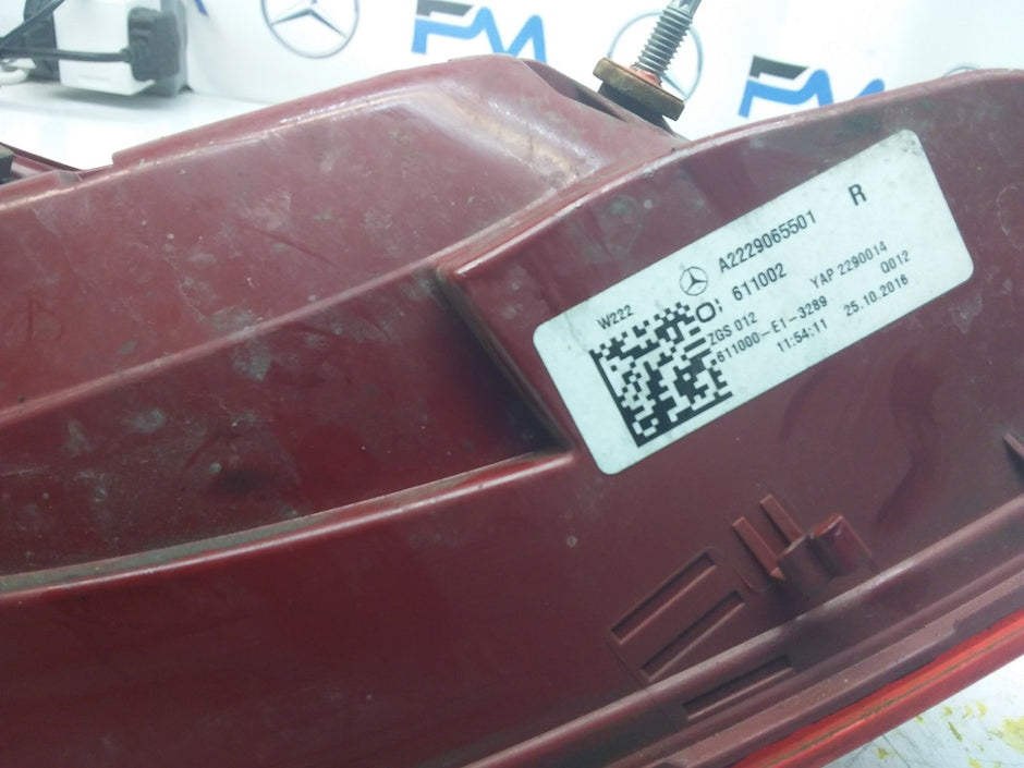 MERCEDES S-CLASS W222 REAR DRIVER O/S TAIL LIGHT A2229065501 2016 FMT86